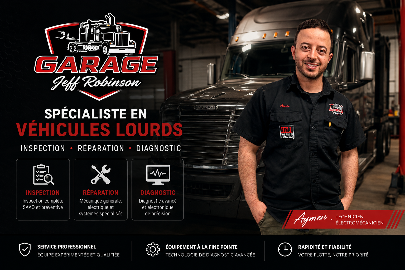 Aymen, technicien électromécanicien chez Garage Jeff Robinson, devant un camion lourd